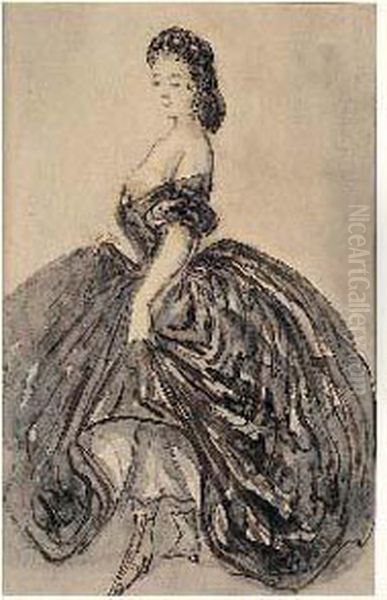 Femme En Robe Noire Decolletee Oil Painting by Constantin Guys