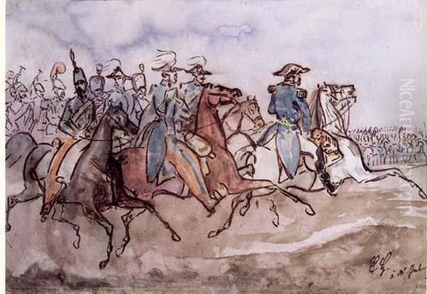 Cortege D'officiers A Cheval, En Fond Un Defile De Troupes Oil Painting by Constantin Guys