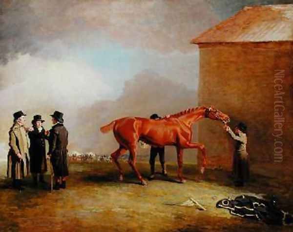 Muly Moloch a chestnut colt being rubbed down on Newmarket Heath Oil Painting by Benjamin Marshall