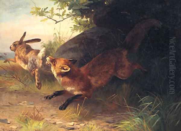 A Fox Chasing A Rabbit Oil Painting by Adolf Henrik Mackeprang