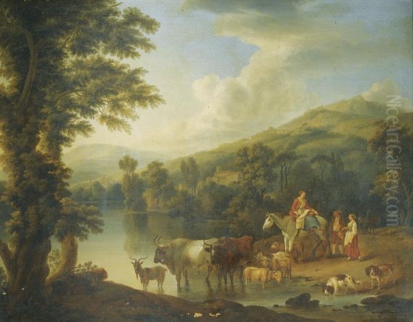 A Wooded River Landscape With A Woman On A Grey Horse With Animals Watering Oil Painting by Jacob Philipp Hackert