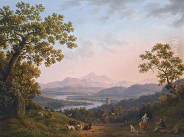 A View Along The Valley Of The 
River Tiber Towards Poggio Mirteto, And Beyond The Sabine Mountains Lit 
Up By The Evening Sun Oil Painting by Jacob Philipp Hackert