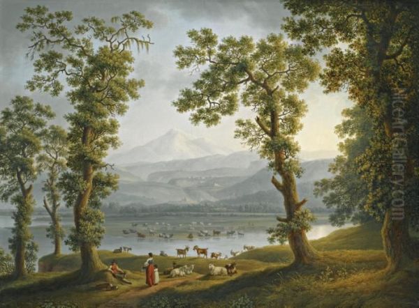 A View Across The Volturno River
 Towards Alife, Piedimonte Matese, And The Matese Mountains Rising 
Beyond Oil Painting by Jacob Philipp Hackert