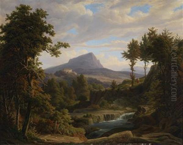 A Southern Landscape With A Waterfall And Apalace On A Hill Oil Painting by Jacob Philipp Hackert