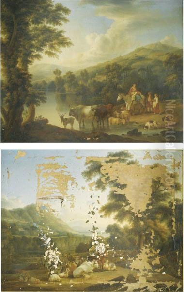 A Wooded River Landscape With A Woman On A Grey Horse With Animalswatering Oil Painting by Jacob Philipp Hackert