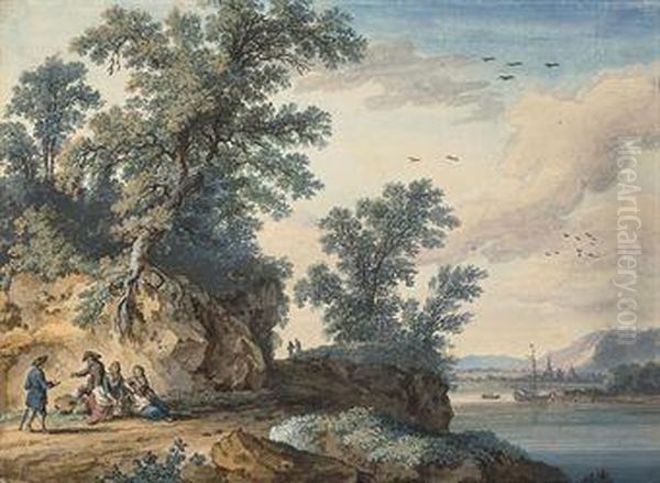 Travellers Resting Beside A River, With A Town, Possibly Rouen,beyond Oil Painting by Jacob Philipp Hackert