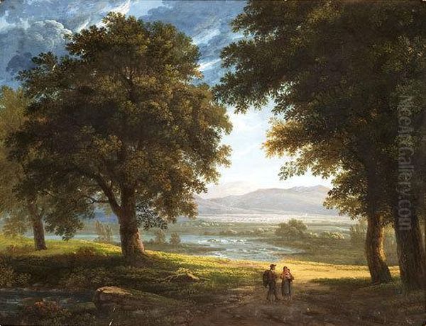 Paesaggio Laziale Con Viandanti E Fiume In Lontananza Oil Painting by Jacob Philipp Hackert