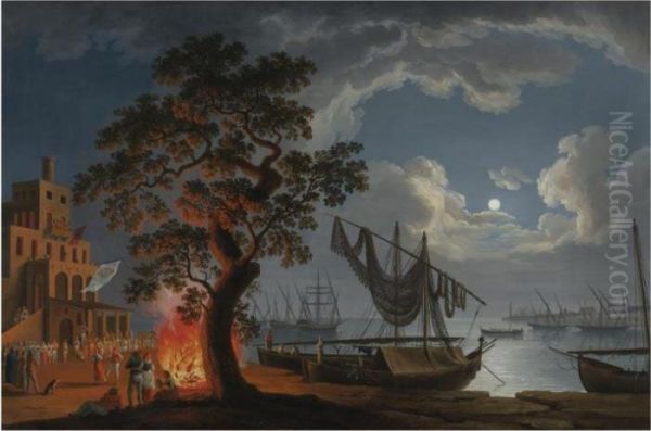 The Customs House, Naples, By Moonlight With Dancers And Musicians By A Fire Oil Painting by Jacob Philipp Hackert