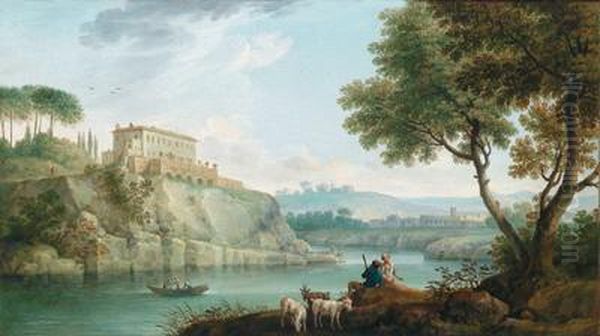 Paesaggio Fluviale Meridionale Con Villa In Collina E Pastori Oil Painting by Jacob Philipp Hackert