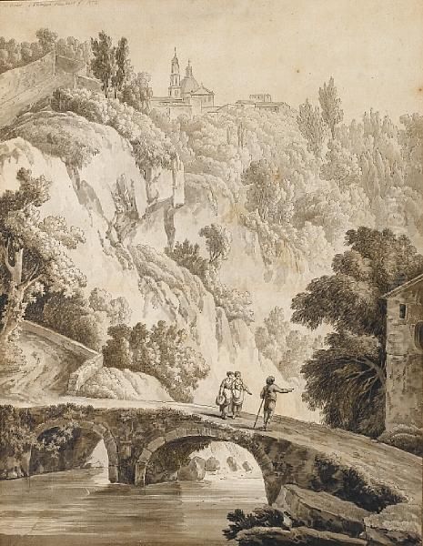 A View Of Vietri With Figures Crossing Abridge In The Foreground Oil Painting by Jacob Philipp Hackert