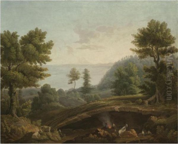 A Coastal Landscape, Probably 
Near Naples, With Herdsmen And Their Goats Around A Fire Near A Grotto Oil Painting by Jacob Philipp Hackert