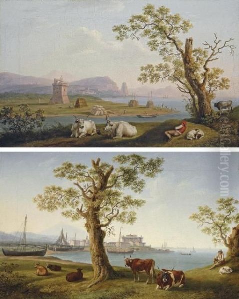 A Coastal Inlet, With Cattle In 
The Foreground And Fishing Boats And A Town Beyond; And The Harbour Of 
Terracina With Cattle In The Foreground, A Fortified Tower In The Middle
 Ground And Monte Sant'angelo With Pisco Montano Beyond Oil Painting by Jacob Philipp Hackert