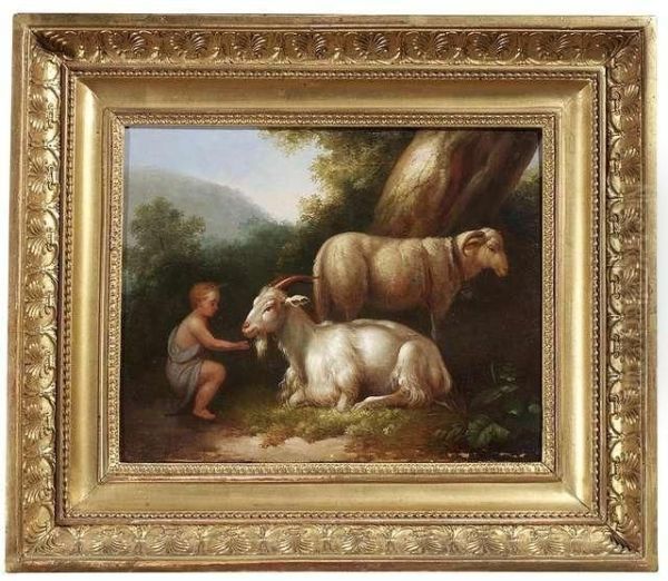 A Shepherd Boy With Goat And Sheep In A Summery Landscape Oil Painting by Jacob Philipp Hackert