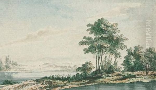 2 Bll.: Flusslandschaft - Landschaft Mit Parkmauer. Oil Painting by Jacob Philipp Hackert