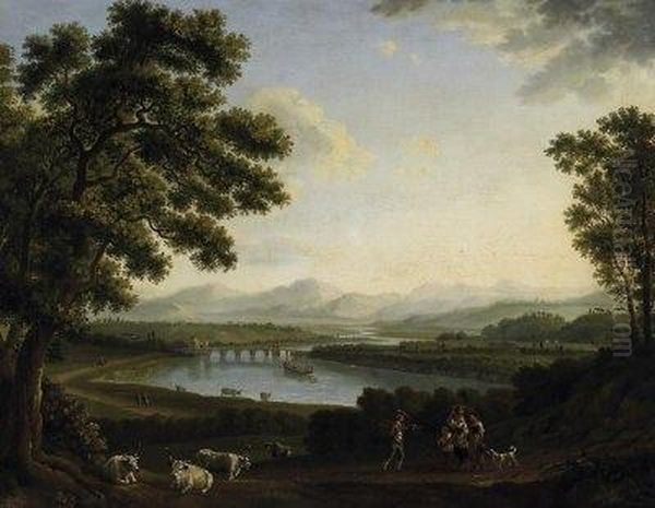 View On The Tiberdale And The 
Milvian Bridge In Rome. Oil On Canvas. Relined. 53 X 68,5cm. Framed. Oil Painting by Jacob Philipp Hackert