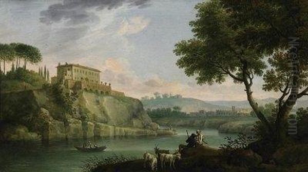 Italian River Landscape With 
Shepherds. On The Surrounding Hills Are Villas And Fortified Towns Oil Painting by Jacob Philipp Hackert