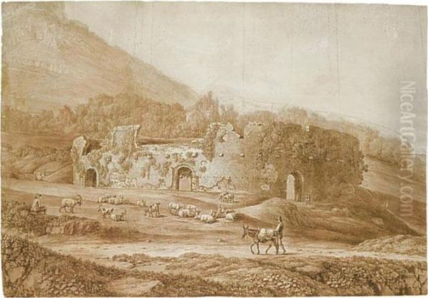 Study Of The Ruins Of An 
Amphitheatre In The Countryside, With Sheep And Goats Grazing Nearby Oil Painting by Jacob Philipp Hackert