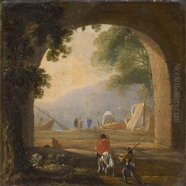 Horseman And Figures On A Riverbank Oil Painting by Jacob Philipp Hackert