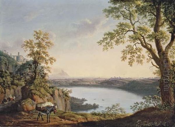 Lake Nemi From The North, With 
The Town Of Nemi And The Town Of Genzano Beyond, With A Donkey And 
Travellers On A Path In The Foreground Oil Painting by Jacob Philipp Hackert