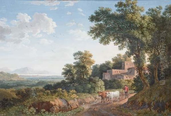 Un Fermier Menant Deux Boeufs Sur Un Chemin, Dans Un Paysage Arbore, La Mer I L'horizon Oil Painting by Jacob Philipp Hackert