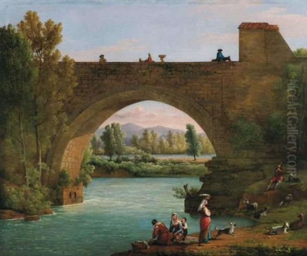 Paesaggio Con Lavandaie Al Fiume Oil Painting by Jacob Philipp Hackert