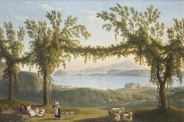 Country Folk Resting Beneath 
Vines In The Hills Above Solfatara With A View Of Ischia, Procida And 
The Bay Of Pozzuoli Beyond Oil Painting by Jacob Philipp Hackert