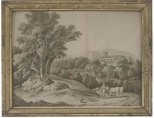 A Drover With Cattle And Goats Before A Villa Oil Painting by Jacob Philipp Hackert