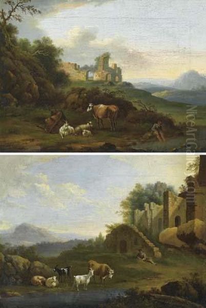 Pair Of Works. Two Landscapes With Herdsmen And Ruins. Oil Painting by Jacob Philipp Hackert