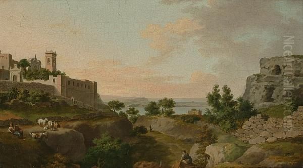 Italianate Landscape With Figures Resting Amongst Ruins, A View To A Lake Beyond Oil Painting by Jacob Philipp Hackert