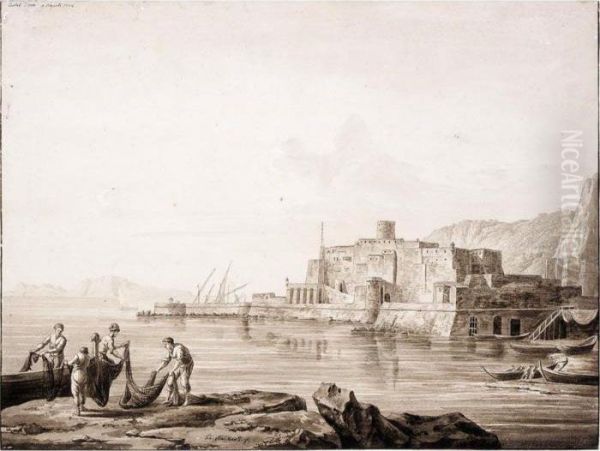 View Of The Castel Dell'ovo At Naples, With Fishermen Handling Nets From Boats Oil Painting by Jacob Philipp Hackert