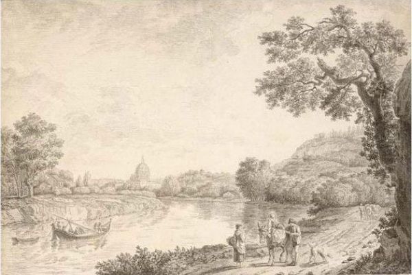 View Of Rome, With Travellers On A Path In The Foreground Oil Painting by Jacob Philipp Hackert