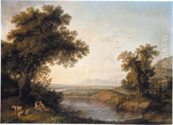 An Italianate Landscape With 
Shepherdesses Resting Beside A Pond, A Bay In The Distance Beyond Oil Painting by Jacob Philipp Hackert