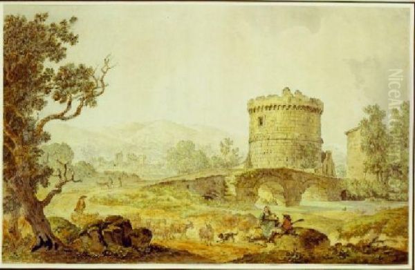 Travelers On The Via Tiburtina With The Ponte Lucano And Plautiimausoleum Behind Oil Painting by Jacob Philipp Hackert