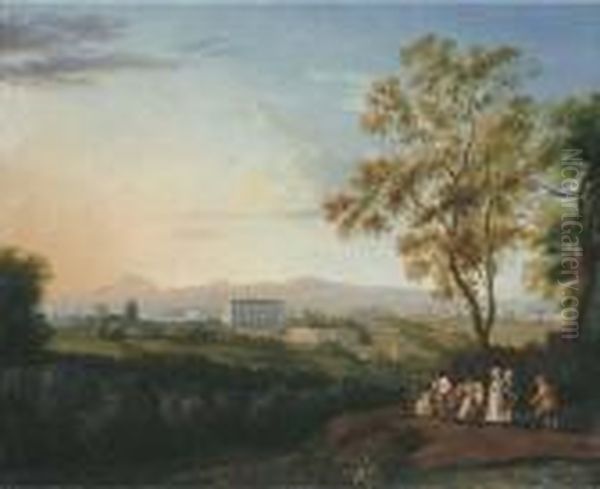 A View Of The Villa Albani, 
Rome, From The Patrizi Villa, Withpeasants, And An Elegant Couple In The
 Foreground Oil Painting by Jacob Philipp Hackert