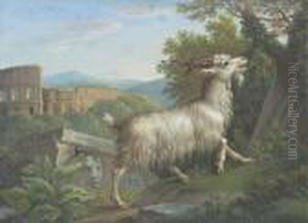 A Goat Eating By The Colosseum, Rome; And A Stag Eating, A Lakebeyond Oil Painting by Jacob Philipp Hackert