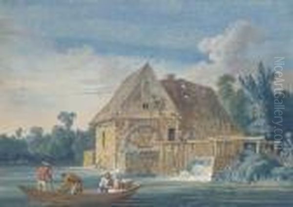 The Water Mill At Ivry With Fishermen On A Boat In Theforeground Oil Painting by Jacob Philipp Hackert