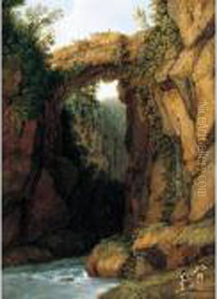 Figures Beside A Waterfall In A Ravine Below A Rock Bridge Oil Painting by Jacob Philipp Hackert