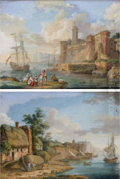 A Pair Of Coastal Landscapes, Possibly French, With Figures And Boats Oil Painting by Jacob Philipp Hackert