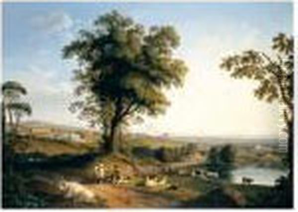 A Panoramic Landscape In The 
Roman Campagna With A Distant Prospect Of The Villa Albani Near Rome, 
Peasants With Goats And Cattle Beneath A Great Tree In The Foreground. Oil Painting by Jacob Philipp Hackert