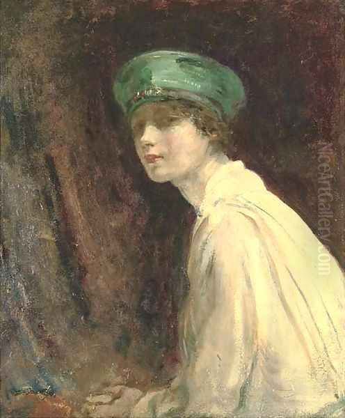 'The Green Hat', a portrait of Mrs Claude Johnson Oil Painting by Ambrose McEvoy