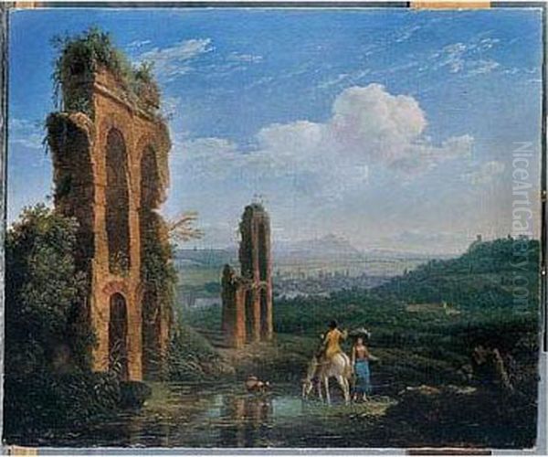 Italianate Landscape With A Washerwoman And A Rider Near A Roman Aqueduct Oil Painting by Jacob Philipp Hackert