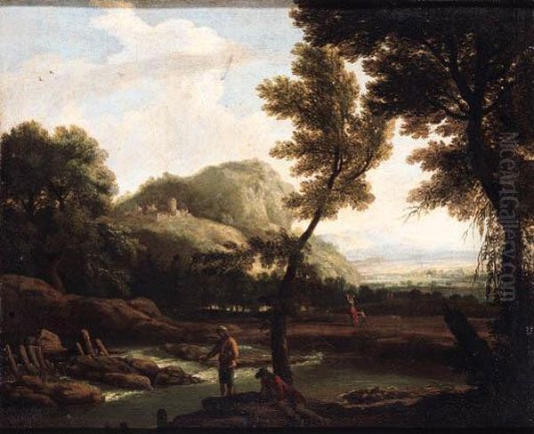 Anglers In An Extensive River Landscape Oil Painting by Jacob Philipp Hackert