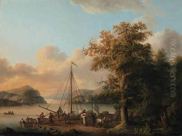 A Swedish River Landscape With Peasants Unloading A Boat Oil Painting by Jacob Philipp Hackert