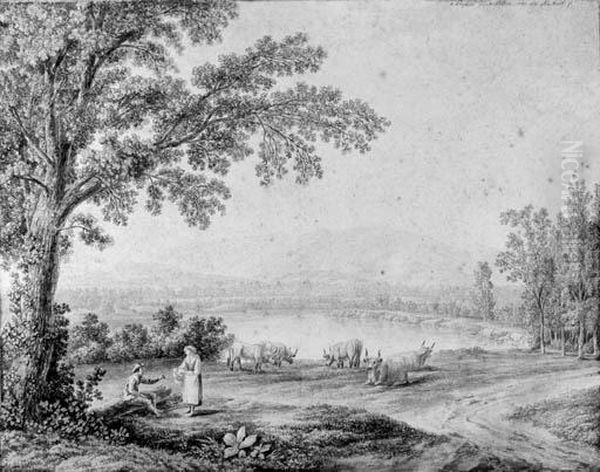 A View Of The Lake At Persano, 
Near Paestum, With Shepherds Andcattle In The Foreground; And A View Of 
Lake Agnano Oil Painting by Jacob Philipp Hackert