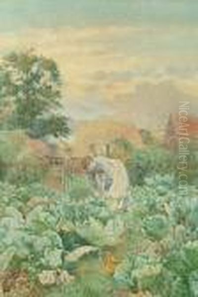 Woman Tending Cabbages In A Countrygarden Oil Painting by Arthur Trevor Haddon