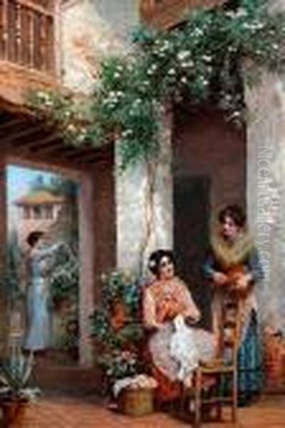 Spanish Girls In A Garden Terrace Oil Painting by Arthur Trevor Haddon