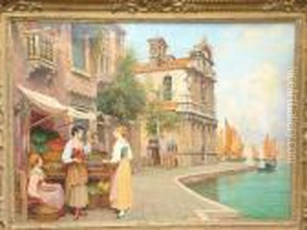 A Venetian Canalside Fruit Stall Oil Painting by Arthur Trevor Haddon