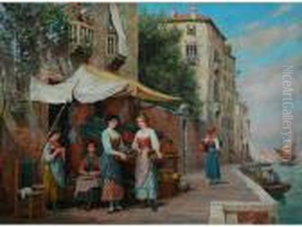 Venetian Canal Scene With Female Figures Round A Fruit Stall In The Foreground Oil Painting by Arthur Trevor Haddon