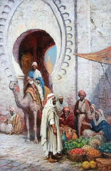 An Arabian Gateway, With Street Vendors And A Camel And Rider Oil Painting by Arthur Trevor Haddon