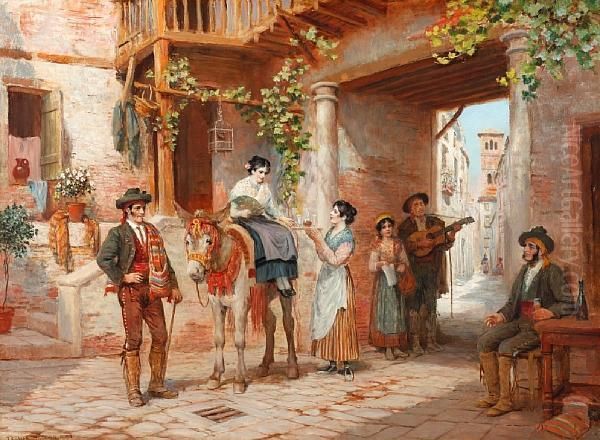 Italian Figures Taking Refreshment In Acourtyard Oil Painting by Arthur Trevor Haddon